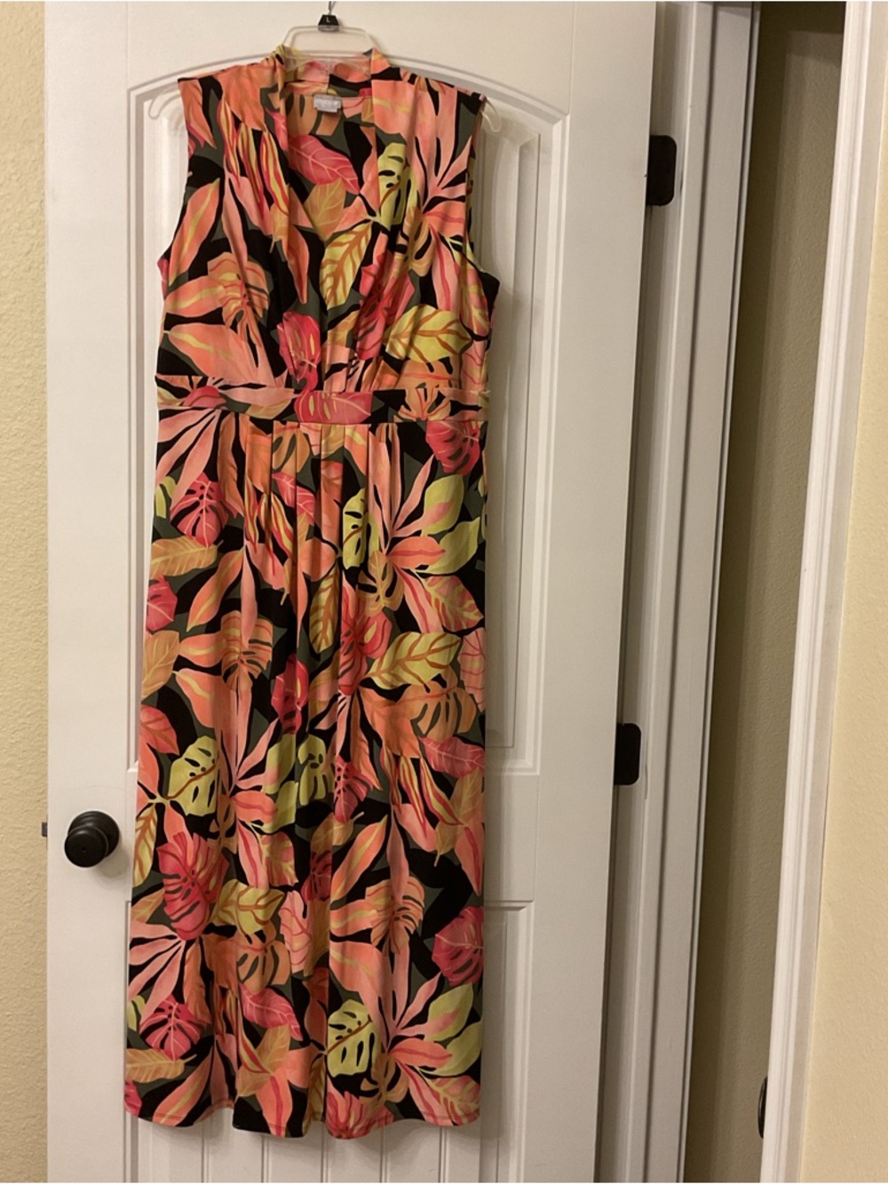 Chicos Tropical Leaf Sleeveless Maxi Dress - Black with Coral & Lime 2